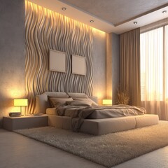 Modern bedroom interior design with textured wall decor and soft lighting