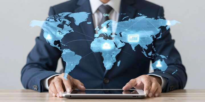 Businessman using tablet displays global network connections and data - Powered by Adobe