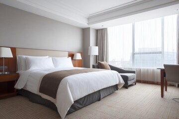 Modern bedroom interior with large window and comfortable furnishings