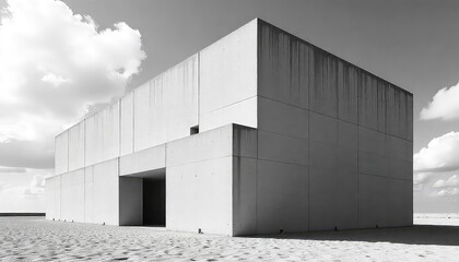 An imposing, rectangular brutalist building with weathered concrete walls stands stoically on a vast, barren landscape under a dramatic sky filled with scattered clouds, captured in black and white.