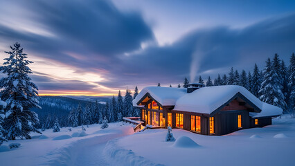 Snowy winter scene with a house under lit up sky suitable for winter holiday designs, greeting cards, and seasonal backgrounds.