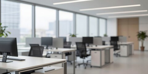 Blurred open office space with white tables and black chairs for modern corporate workplace