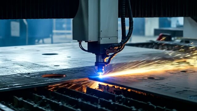 Laser cutting metal sheet in industrial workshop setting