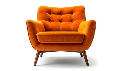 Orange, tufted, velvet armchair with wooden legs isolated on a white background viewed from the front