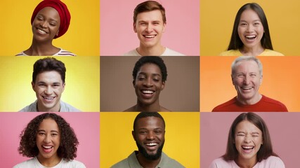A collage showcasing a range of emotions on diverse faces. Group of people expressing joy in colorful portraits