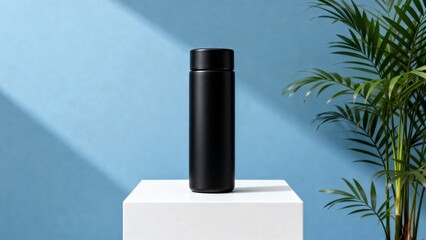Black thermos bottle on white pedestal
