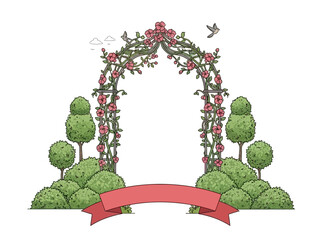 Floral Garden Arch with Pink Flowers and Decorative Ribbon Vector Illustration