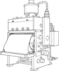 Textile dyeing machine (Textile Industry) Hand-drawn Sketch Drawing Vector Illustration, Line Linear Symbol Engraving Coloring Book, Black and White Isolated