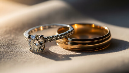 Two wedding rings showcased on soft fabric under golden sunlight, perfect for wedding invitations, websites, or romanticthemed graphics.