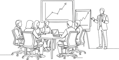 Black and white line art illustration of a business presentation featuring a speaker and team analyzing growth charts © NURUL