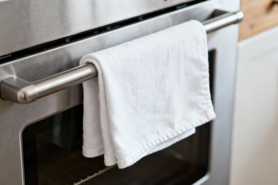 Fresh white cotton kitchen towel draped over a modern stainless steel oven handle in a