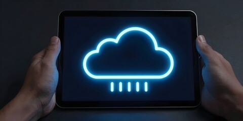 Person holding a tablet with a cloud icon representing cloud computing