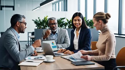 Diverse business team collaborating in a modern office, analyzing market data and reports on laptops for strategic planning and data-driven decision making, fostering teamwork, growth, and efficiency. - Powered by Adobe