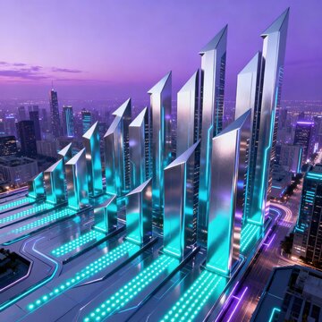 Futuristic Cityscape with Gleaming Structures and Digital Pathways Illuminated at Dusk