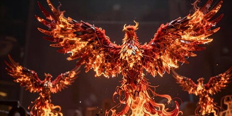 Dramatic phoenix soars amidst glowing embers and fiery essence