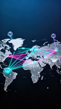 Global digital network concept visualization with interconnected nodes on a world map illustration