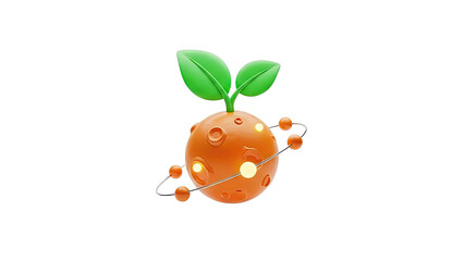 Orange planet with orbiting spheres and green leaves