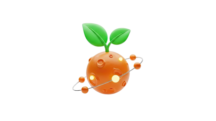 Orange planet with orbiting spheres and green leaves