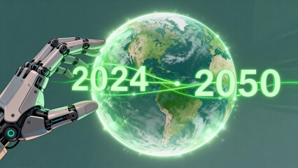 Robot hand holding Earth with years