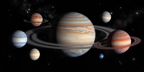 Striking planets with rings and stripes arranged in outer space