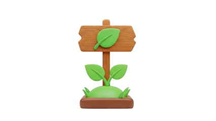 3D Icon of a Wooden Signpost with a Sprout and Leaf
