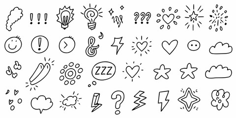 Fototapeta premium Collection of hand drawn doodle icons including weather emotions and abstract symbols