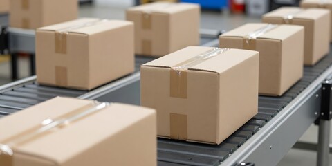 Cardboard boxes move along conveyor belt in shipping warehouse