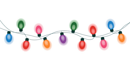 Colorful christmas lights in festive string with vibrant glow in soft pastel colors on white background for holiday decoration