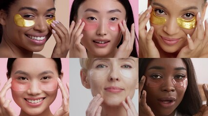 Women of diverse backgrounds pamper themselves with eye patches in a cozy home setting. Each woman focuses on self-care, showcasing healthy skin routines and relaxation.