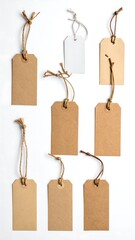 Simple arrangement of tags with string on bright background showcasing plain shapes and neutral hues