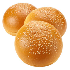 Three sesame seed burger buns isolated on transparent background