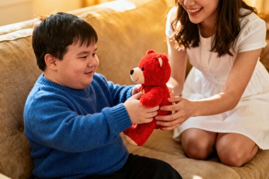 Happy boy receives an adorable red teddy bear from a smiling woman, sharing a tender moment of