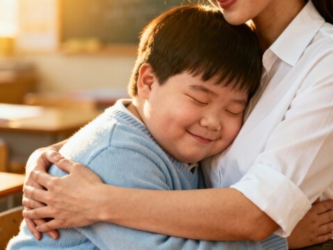 Heartwarming moment of a happy young student receiving a comforting embrace from an adult in a