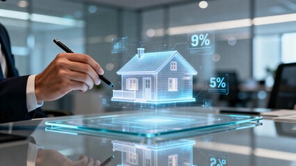 Business person interacting with holographic house