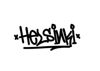 textured sprayed graffiti tagging letter HELSINKI city name isolated design in black
