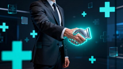 Business handshake with digital elements