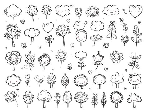 Hand-drawn doodles of nature elements like trees, clouds, flowers, leaves, hearts, and cute faces