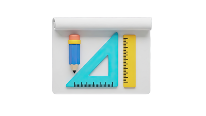 3D Render of Drafting Tools and Pencil on a Rolled Paper