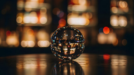 Glass ball on a table reflects a colorful background. Ideal for abstract concepts or design projects needing unique visuals.