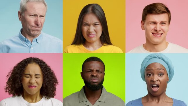 A captivating collage showcasing six individuals from different backgrounds displaying disgust and discomfort. Each portrait contrasts with vibrant background colors, enhancing emotional expressions.