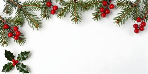 Evergreen branches with red berries and holly create a festive winter holiday border