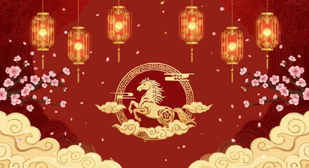 Happy Chinese New Year 2026. Horse gold sign on red background with cherry blossom lantern for festival banner