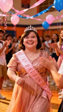 Joyful young woman crowned queen at a vibrant school celebration, beaming with happiness and pride