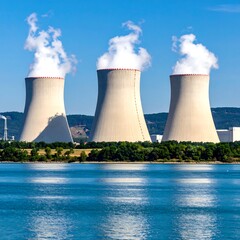 Three colossal, cylindrical towers puff white vapor, standing by water. Green landscape and blue sky in background. The scene suggests energy