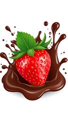 Strawberry with a leafy top is dipped in chocolate with splatters around it, isolated against a white background