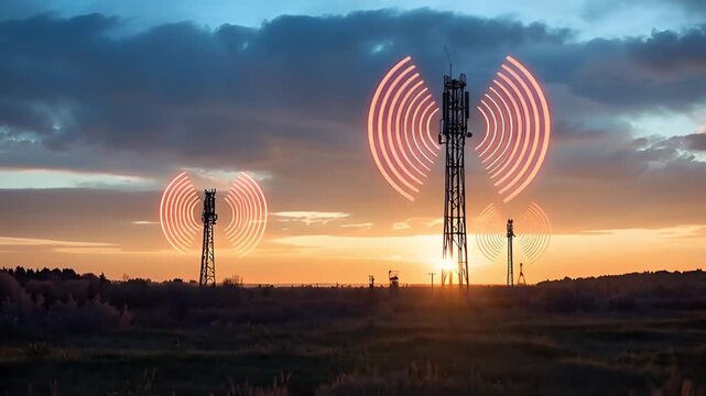 Border Auditory Waves Abstract Light Patterns Above Communication Towers at Twilight Sky