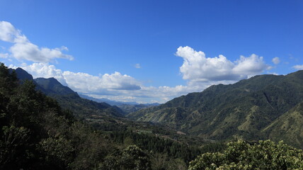 Obraz premium mountain panorama photo from the roadside, Enrekang Indonesia location.