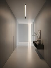 Contemporary minimalist hallway with concealed storage and sleek lighting