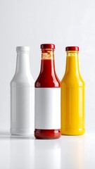 Three bottles stand together white, red, and yellow, all with colored caps, on a white glossy surface