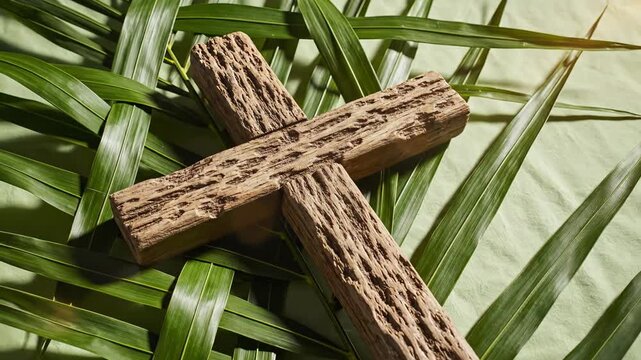 A serene, overhead view showcases a rustic wooden cross, handcrafted from richly textured, weathered wood, resting gently amidst a bed of vibrant green, interwoven palm leaves. The natural light casts